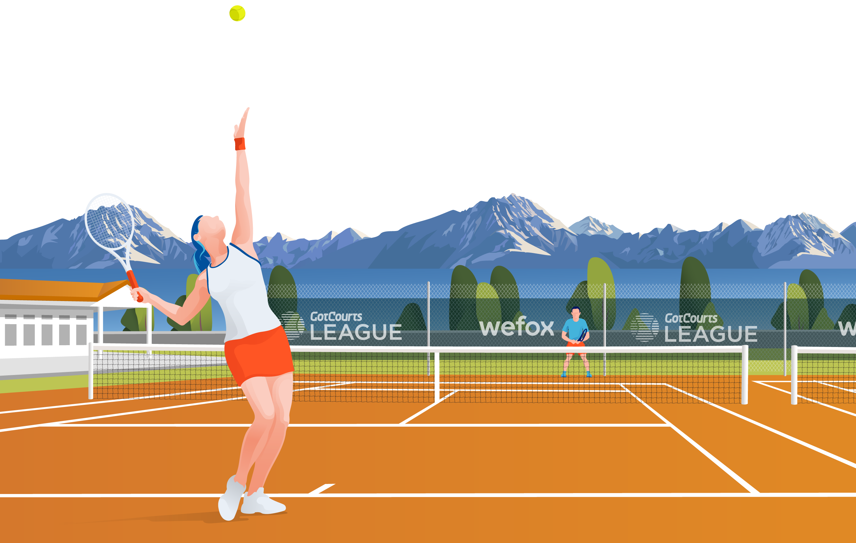 Illustration of tennis player serving with mountains background