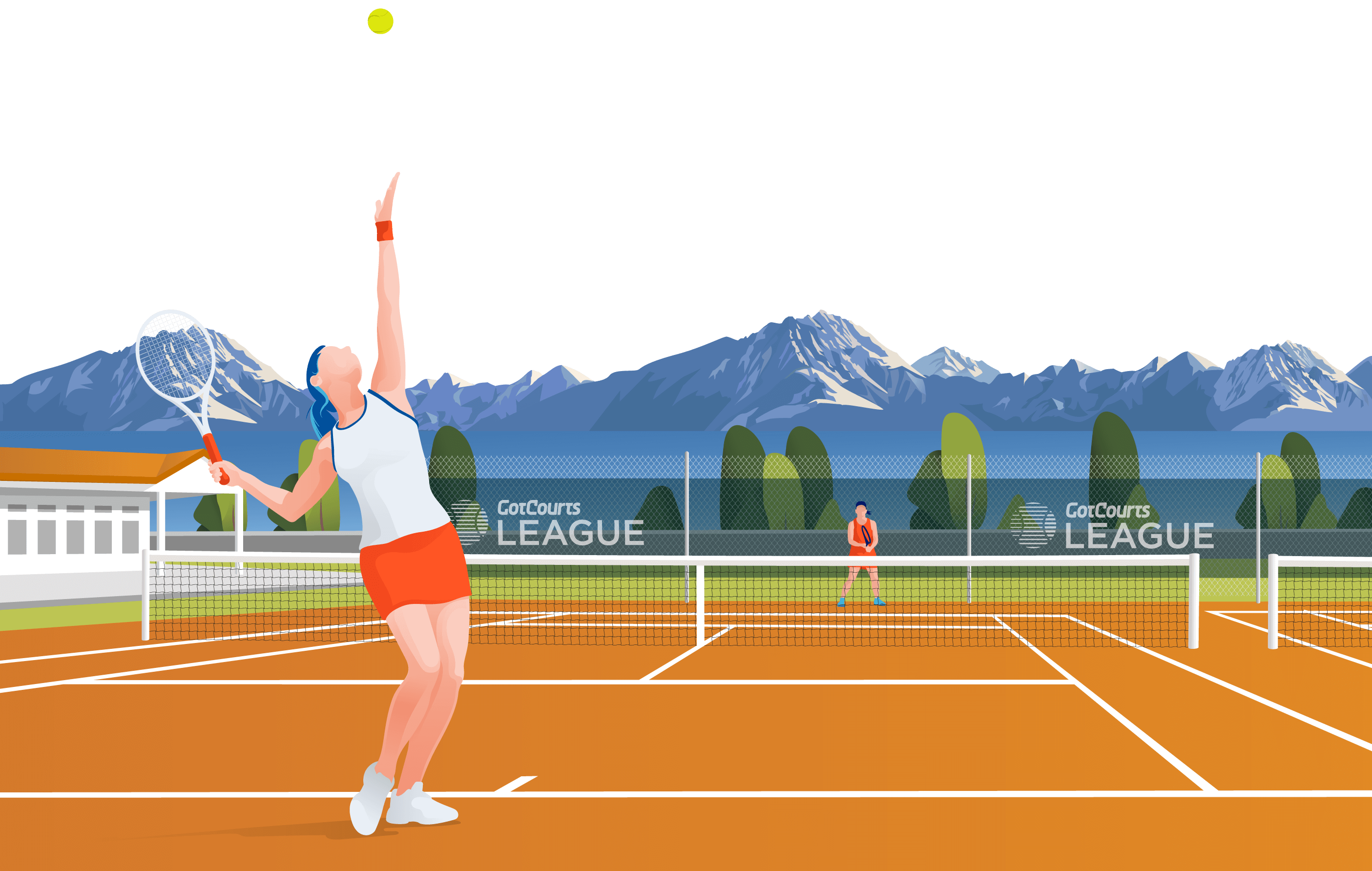 Illustration of tennis player serving with mountains background