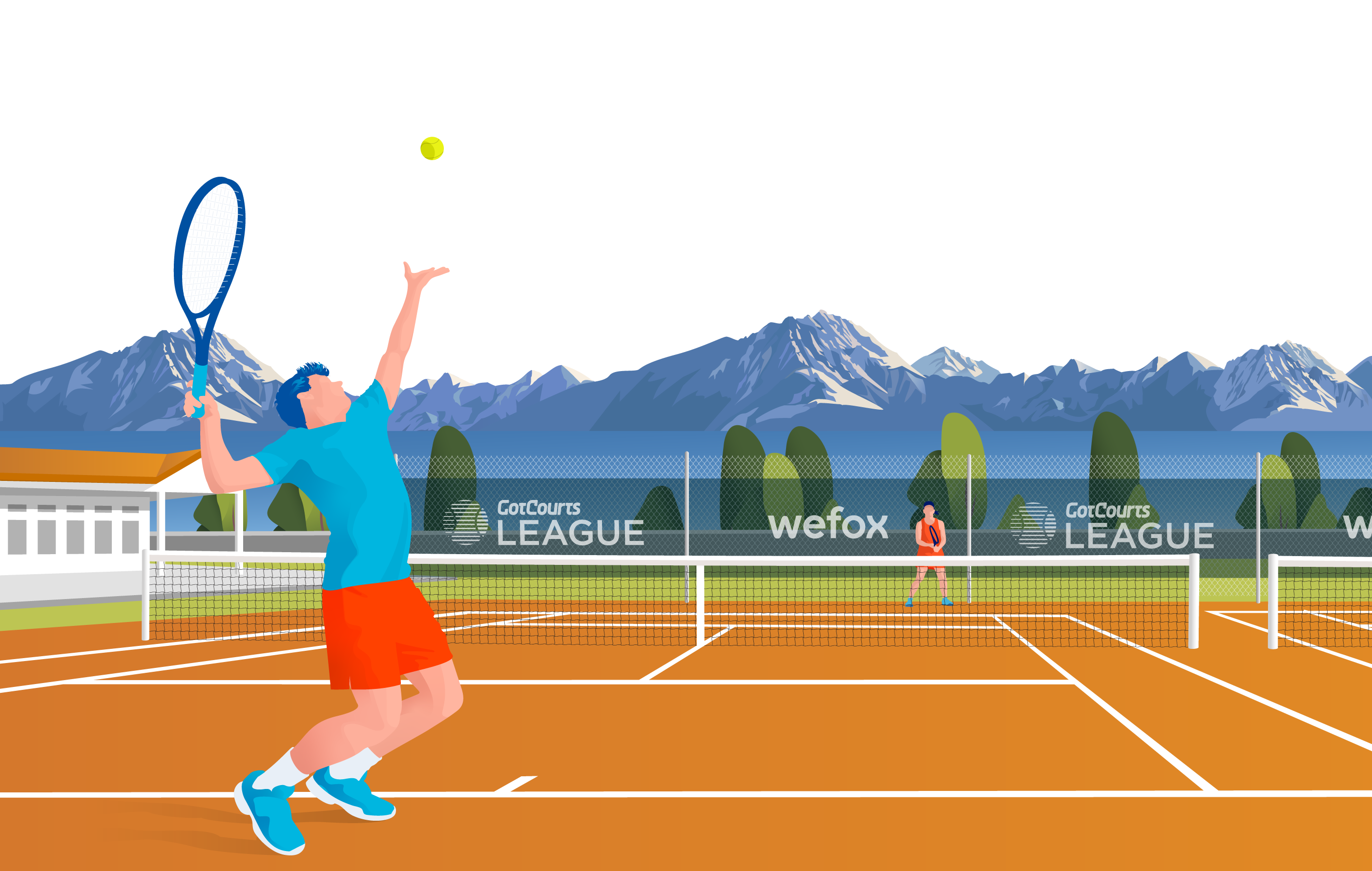 Illustration of tennis player serving with mountains background