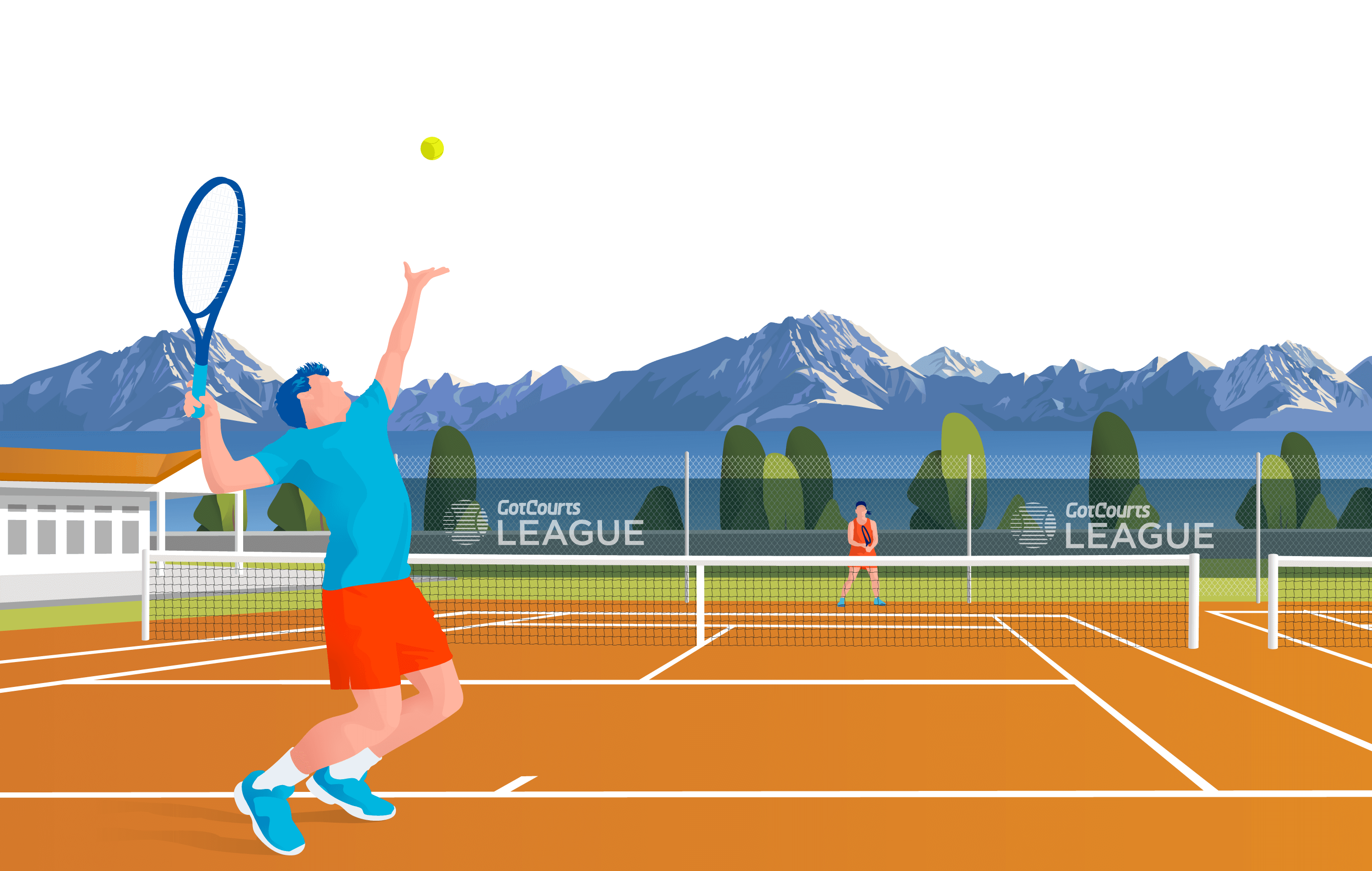 Illustration of tennis player serving with mountains background