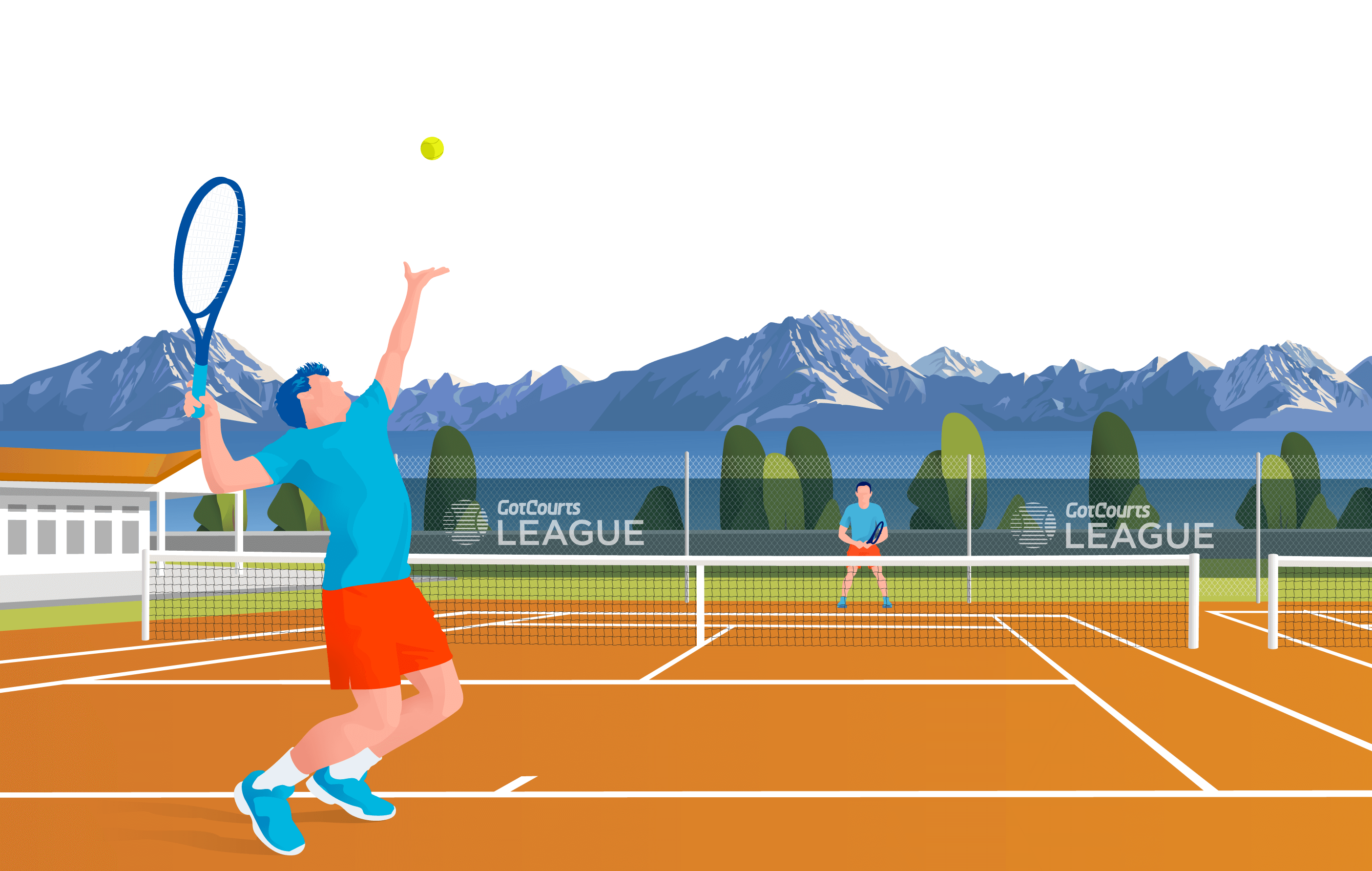 Illustration of tennis player serving with mountains background